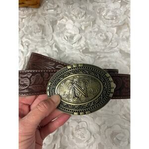Men's Tooled Leather Belt by BC Belts with "N" Initial Belt Buckle Size M